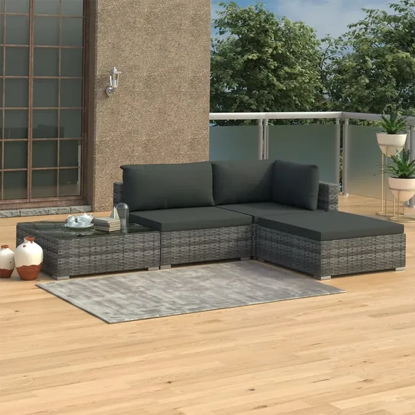 Salon de jardin 4 pcs avec coussins résine tressée gris