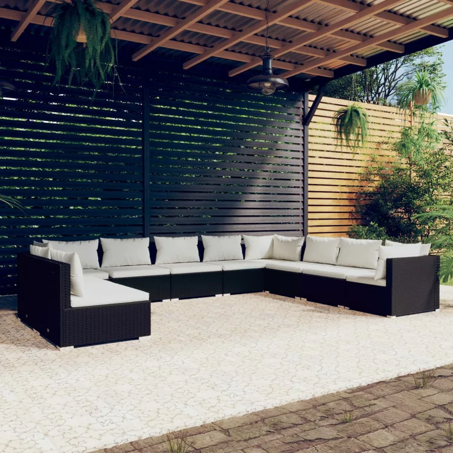 Salon de jardin 10 pcs avec coussins noir résine tressée