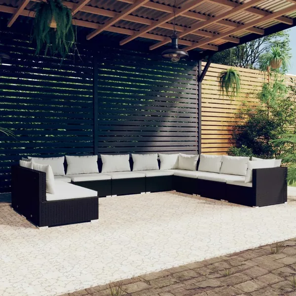 Salon de jardin 10 pcs avec coussins noir résine tressée
