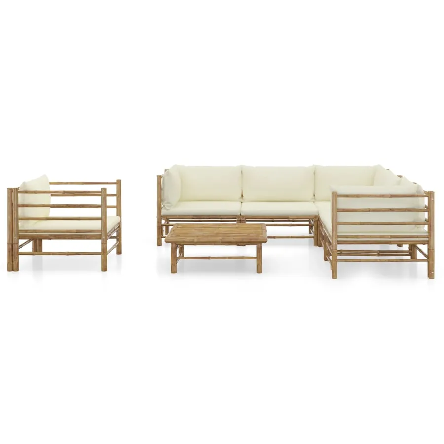Salon de jardin 7 pcs avec coussins blanc crème bambou - 2