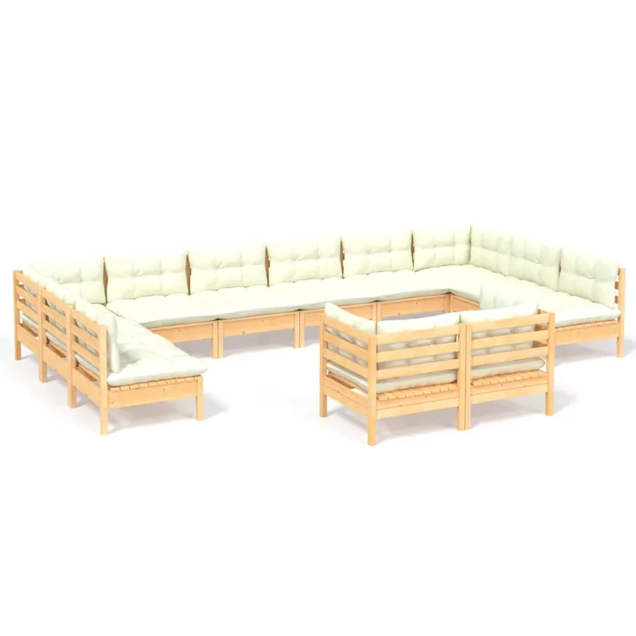 Salon de jardin 12 pcs avec coussins crème Bois de pin massif - 2