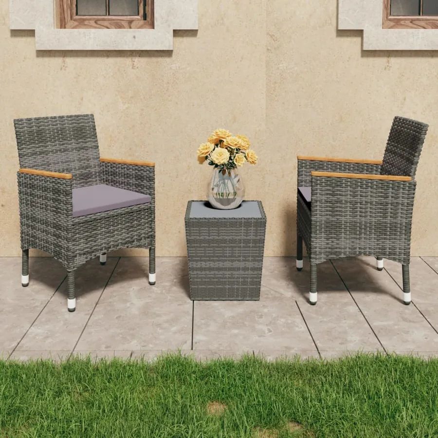 Ensemble de bistro 3 pcs Résine tressée et verre trempé Gris