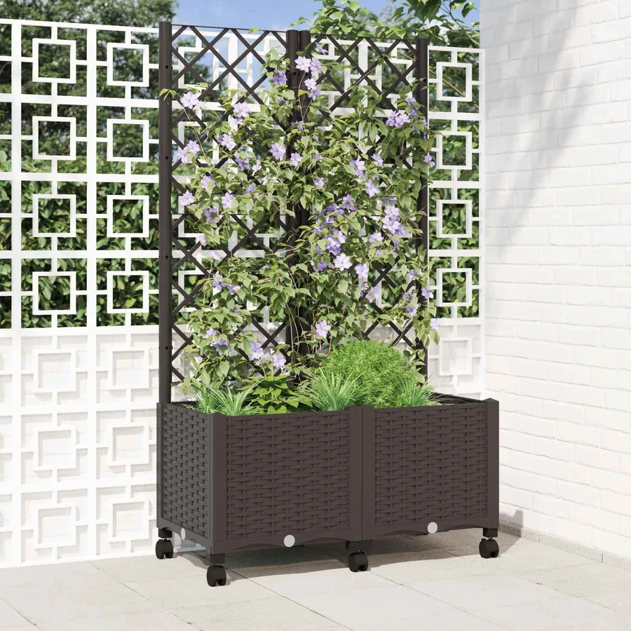 Bac de jardin avec treillis et roues Marron 80 x 40 x 146 cm PP