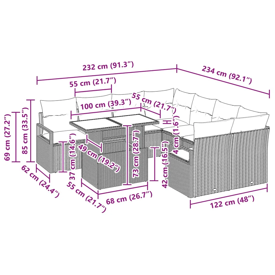Ensemble de canapé de jardin 9 pcs Marron Poly rotin - 15