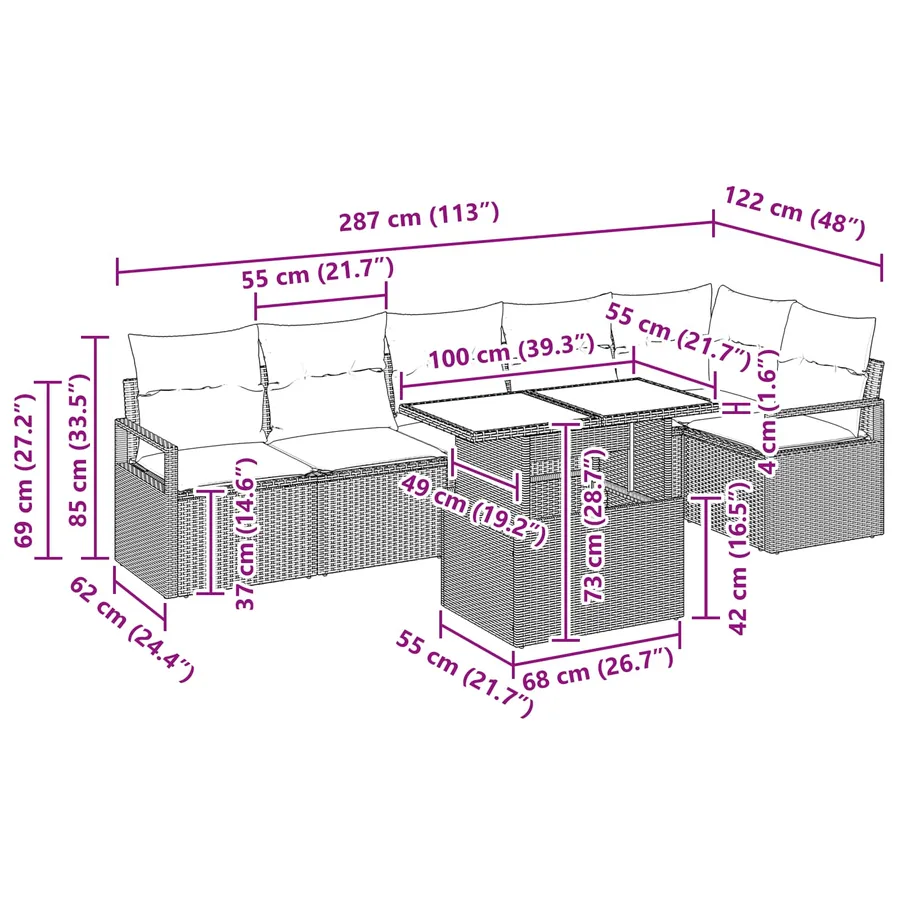 Ensemble de canapé de jardin 7 pcs Marron Poly rotin - 15