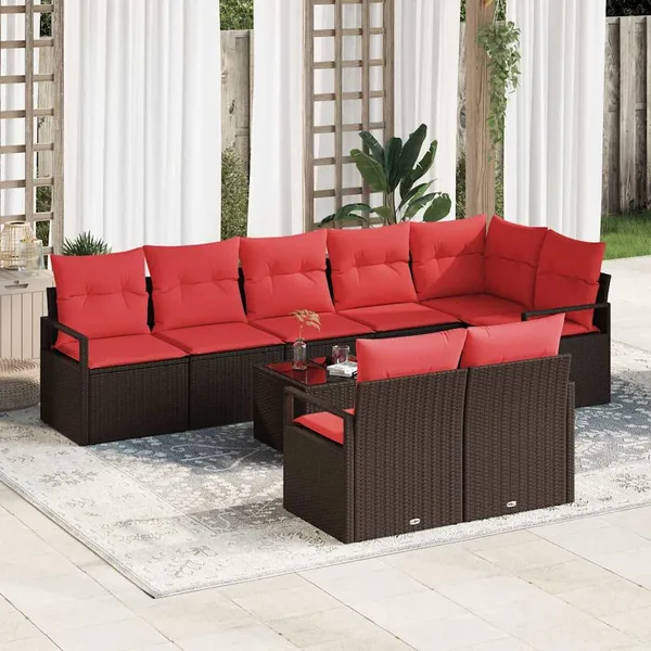 Ensemble de canapé de jardin 9 pcs Marron et rouge polyrotin