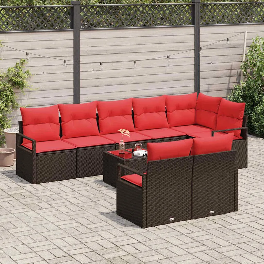 Ensemble de canapé de jardin 9 pcs Marron et rouge polyrotin - 3