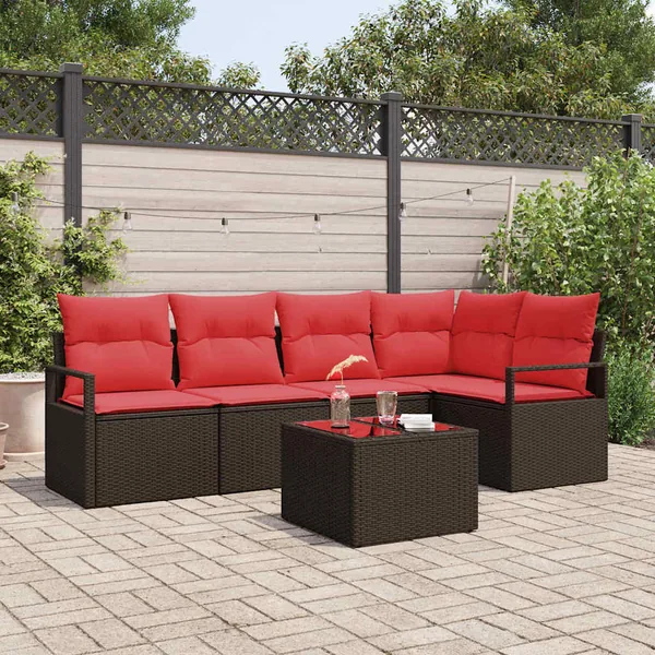 Ensemble de canapé de jardin 6 pcs Marron et rouge polyrotin