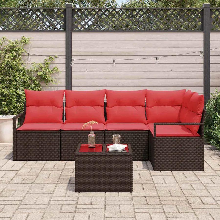 Ensemble de canapé de jardin 6 pcs Marron et rouge polyrotin - 3