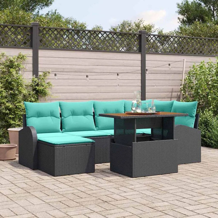 Ensemble de canapé de jardin 7 pcs Noir Poly rotin