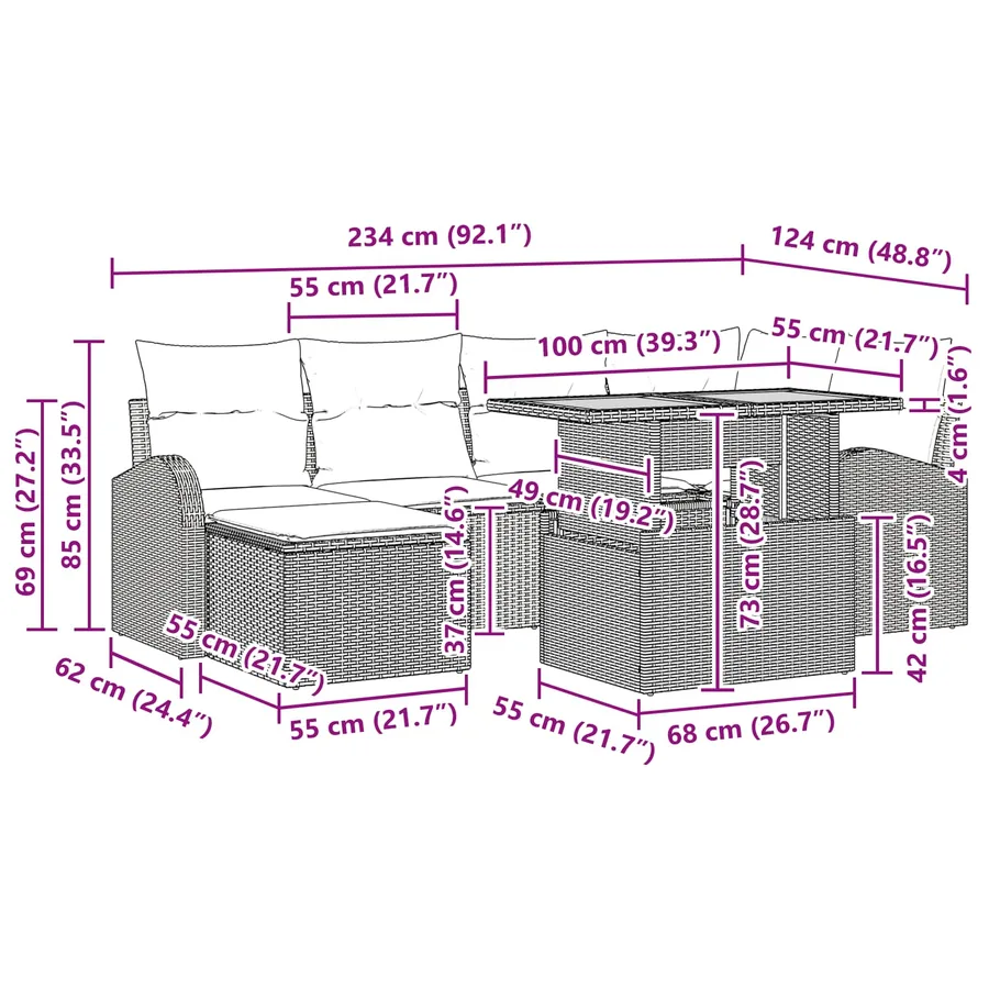 Ensemble de canapé de jardin 7 pcs Noir Poly rotin - 17