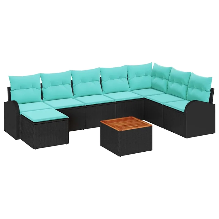 Ensemble de canapé de jardin 9 pcs Noir et turquoise polyrotin - 2