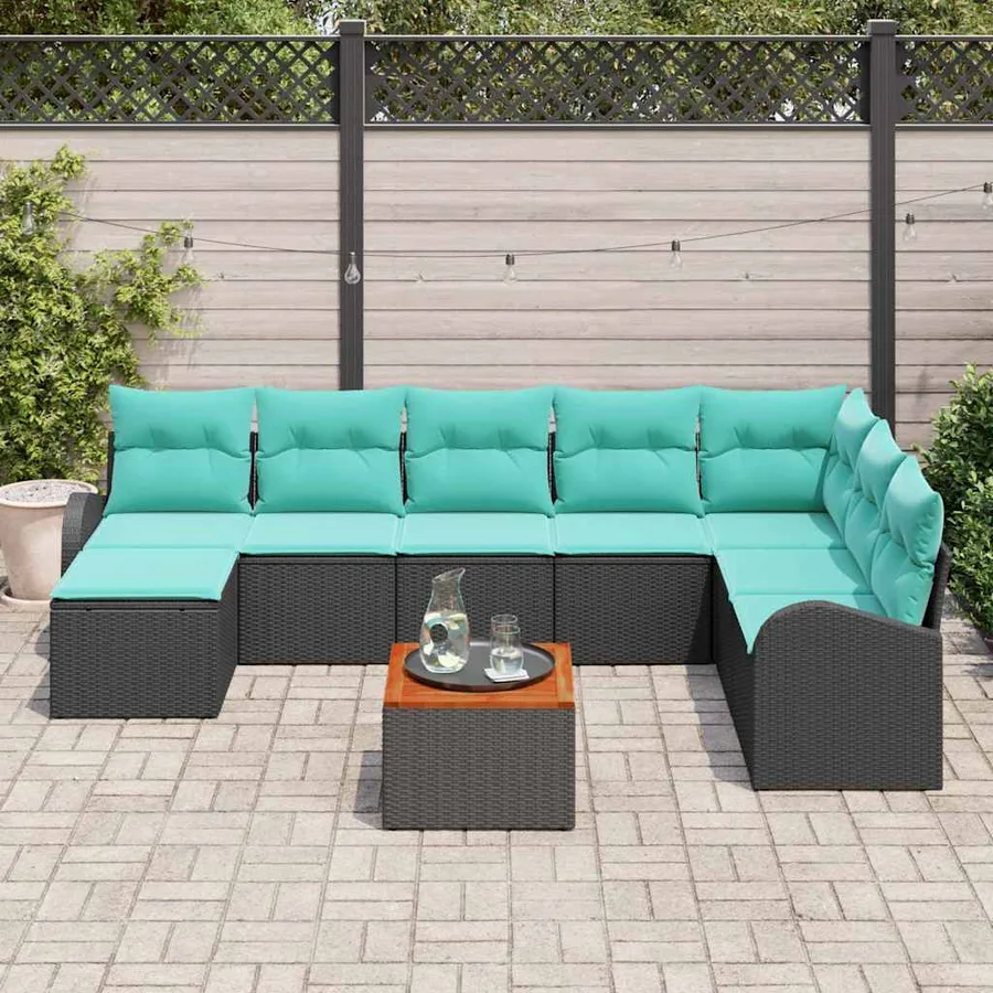 Ensemble de canapé de jardin 9 pcs Noir et turquoise polyrotin - 3