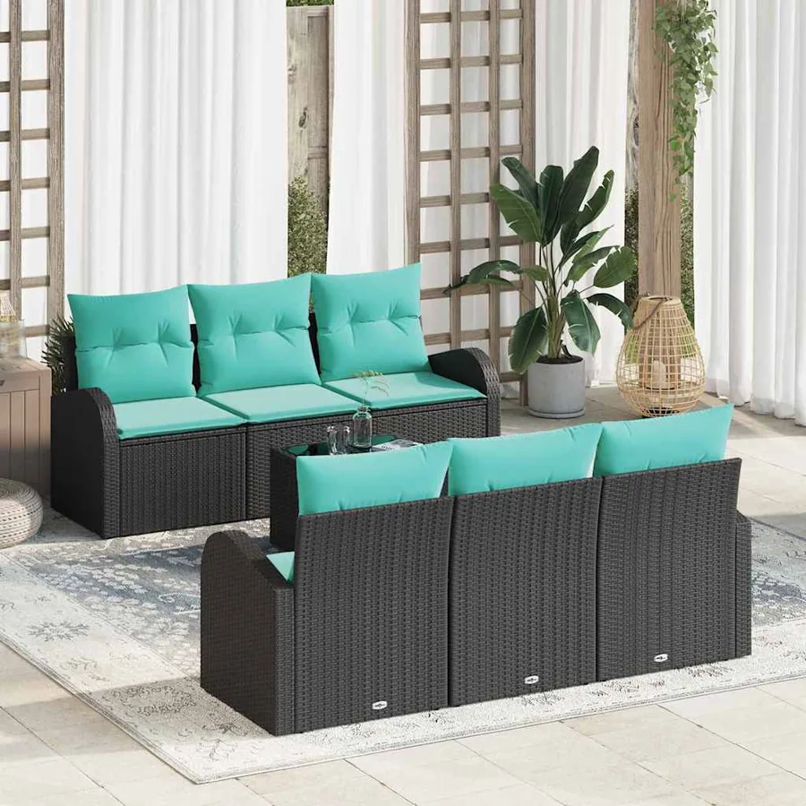 Ensemble de canapé de jardin 7 pcs Noir et turquoise polyrotin