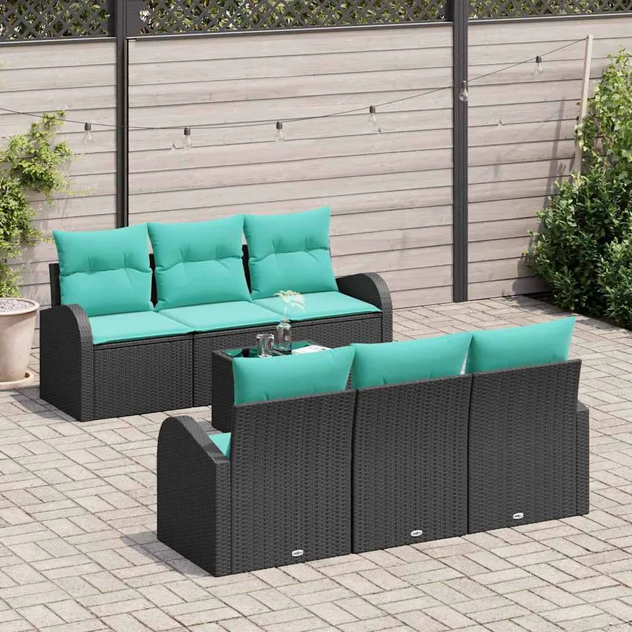 Ensemble de canapé de jardin 7 pcs Noir et turquoise polyrotin - 3