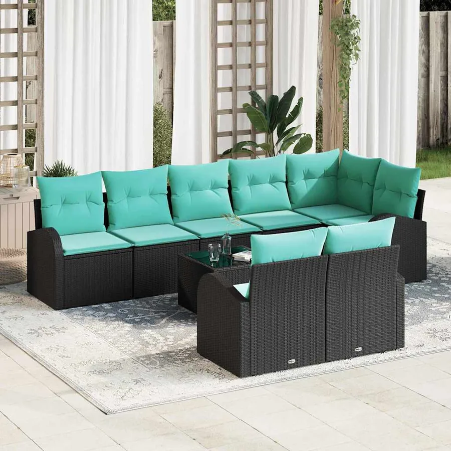Ensemble de canapé de jardin 9 pcs Noir et turquoise polyrotin