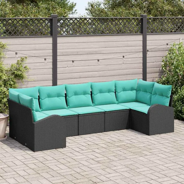 Ensemble de canapé de jardin 7 pcs Noir et turquoise polyrotin
