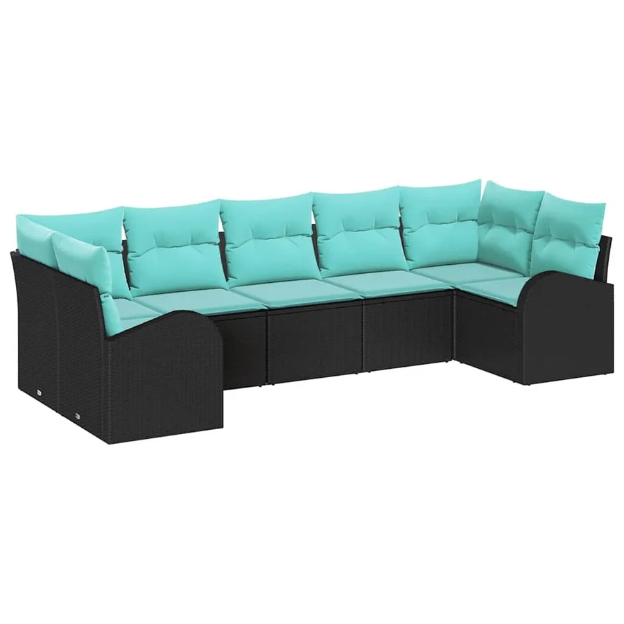 Ensemble de canapé de jardin 7 pcs Noir et turquoise polyrotin - 2