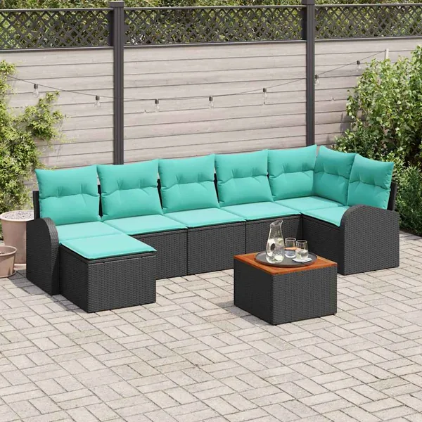 Ensemble de canapé de jardin 8 pcs Noir et turquoise polyrotin