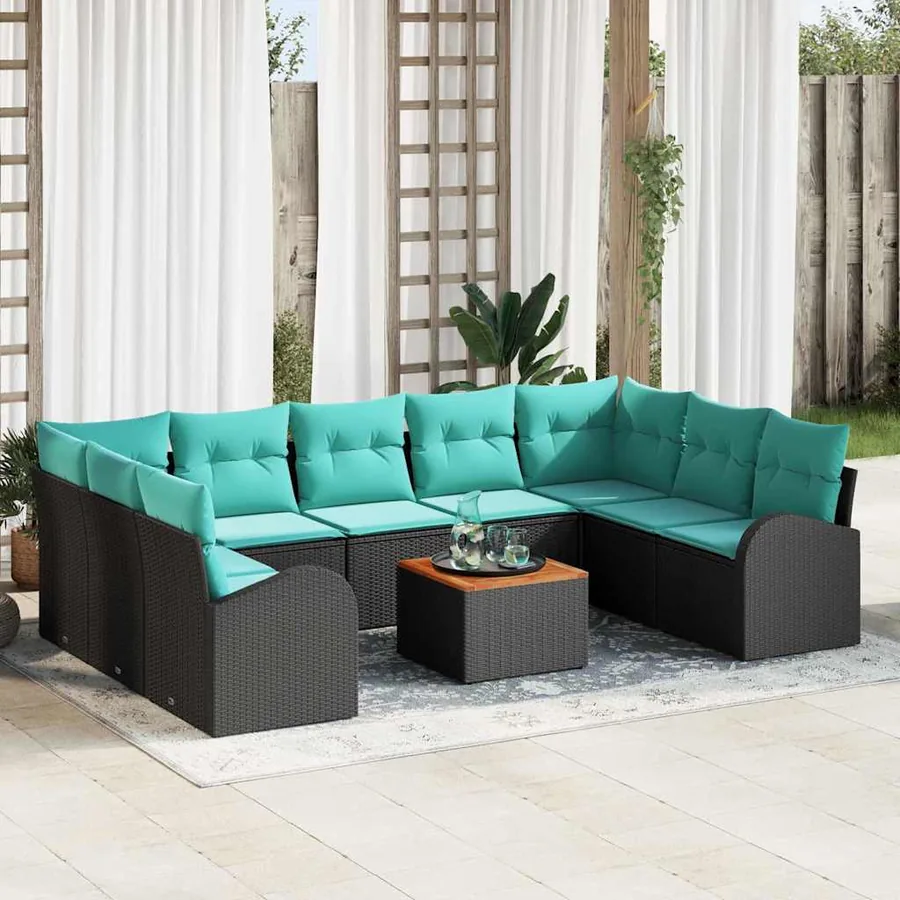 Ensemble de canapé de jardin 10 pcs Noir et turquoise polyrotin