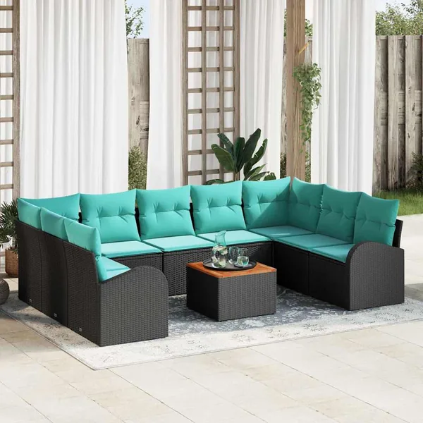 Ensemble de canapé de jardin 10 pcs Noir et turquoise polyrotin
