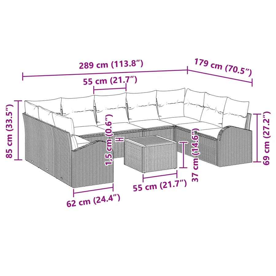 Ensemble de canapé de jardin 10 pcs Noir et turquoise polyrotin - 17