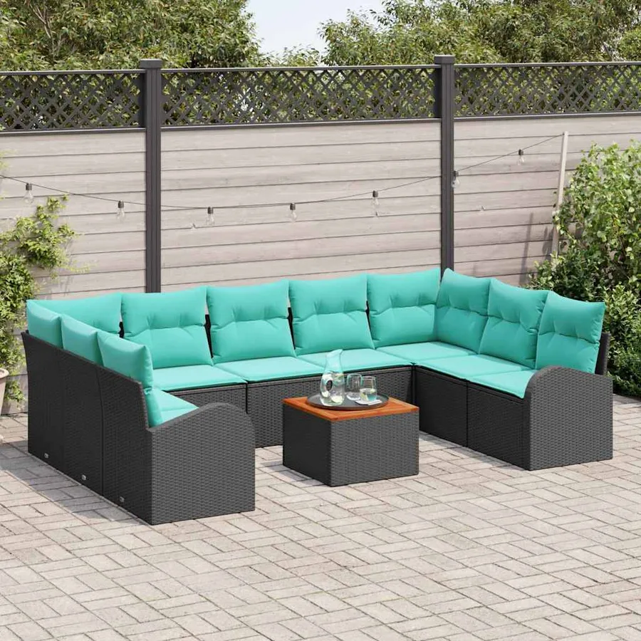 Ensemble de canapé de jardin 10 pcs Noir et turquoise polyrotin - 3