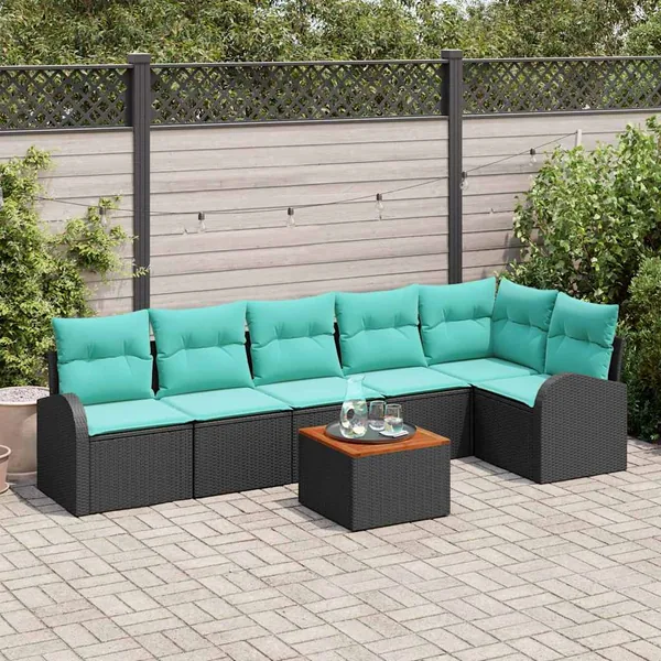 Ensemble de canapé de jardin 7 pcs Noir et turquoise polyrotin