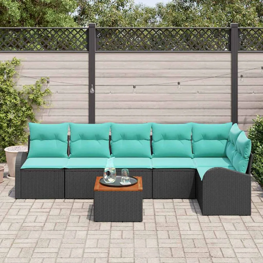 Ensemble de canapé de jardin 7 pcs Noir et turquoise polyrotin - 3