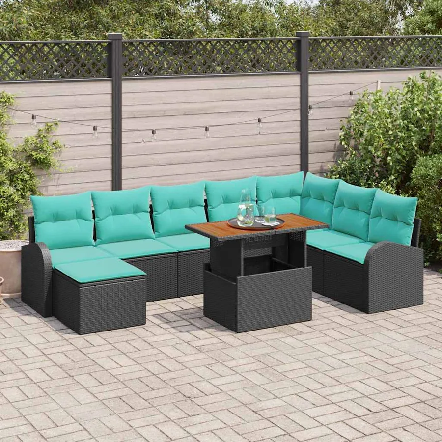 Ensemble de canapé de jardin 9 pcs Noir Poly rotin