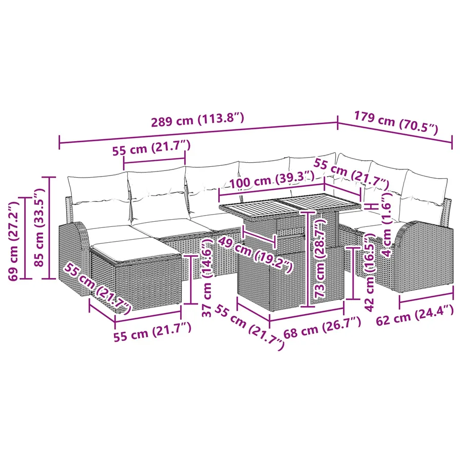 Ensemble de canapé de jardin 9 pcs Noir Poly rotin - 17