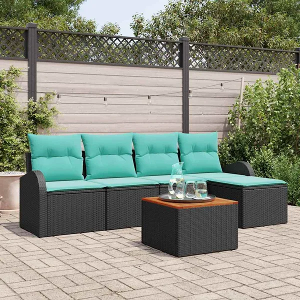 Ensemble de canapé de jardin 6 pcs Noir et turquoise polyrotin