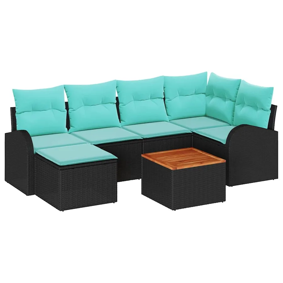 Ensemble de canapé de jardin 7 pcs Noir et turquoise polyrotin - 2