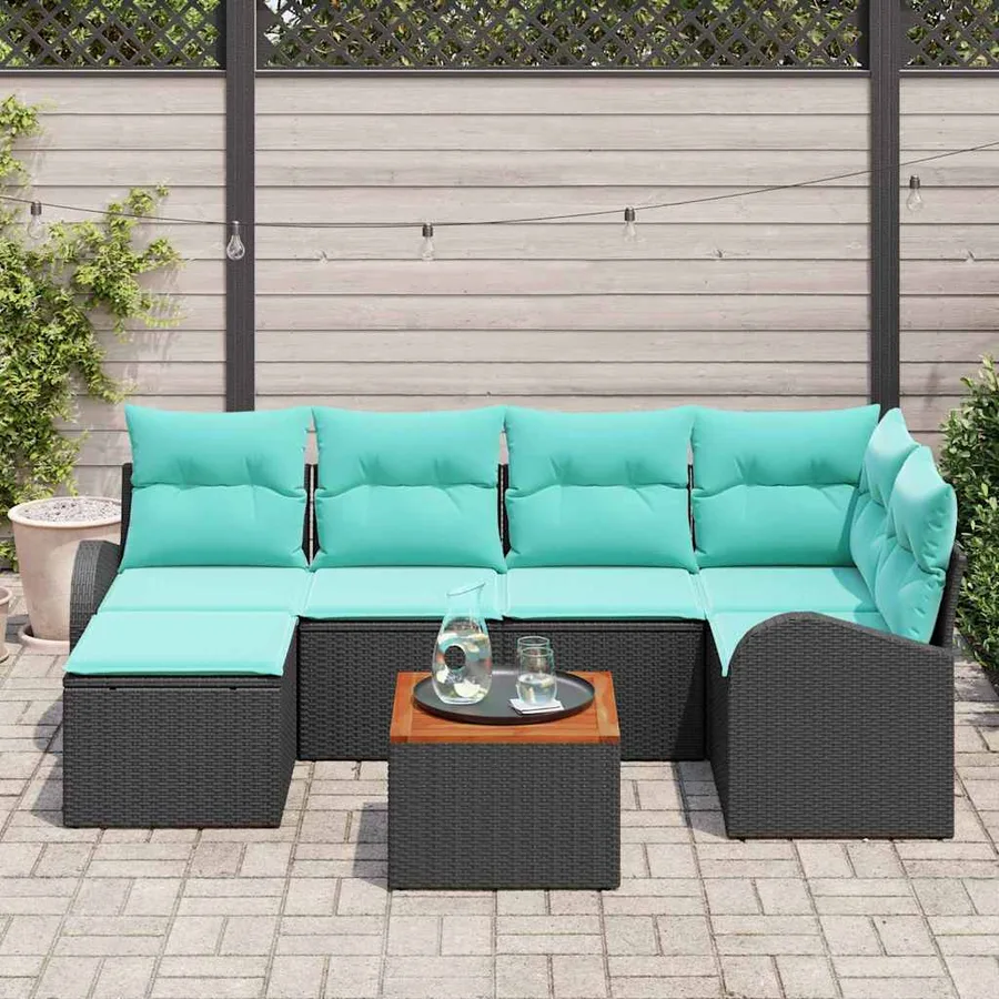 Ensemble de canapé de jardin 7 pcs Noir et turquoise polyrotin - 3