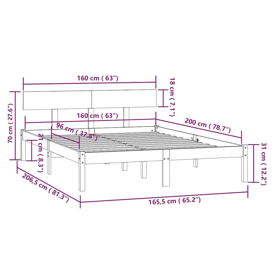 Cadre de lit sans matelas blanc bois massif 160x200 cm - 9