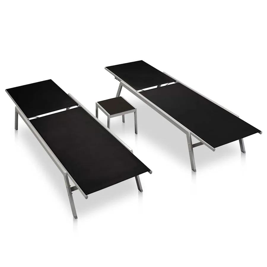 Chaises longues lot de 2 avec table acier et textilène noir - 2
