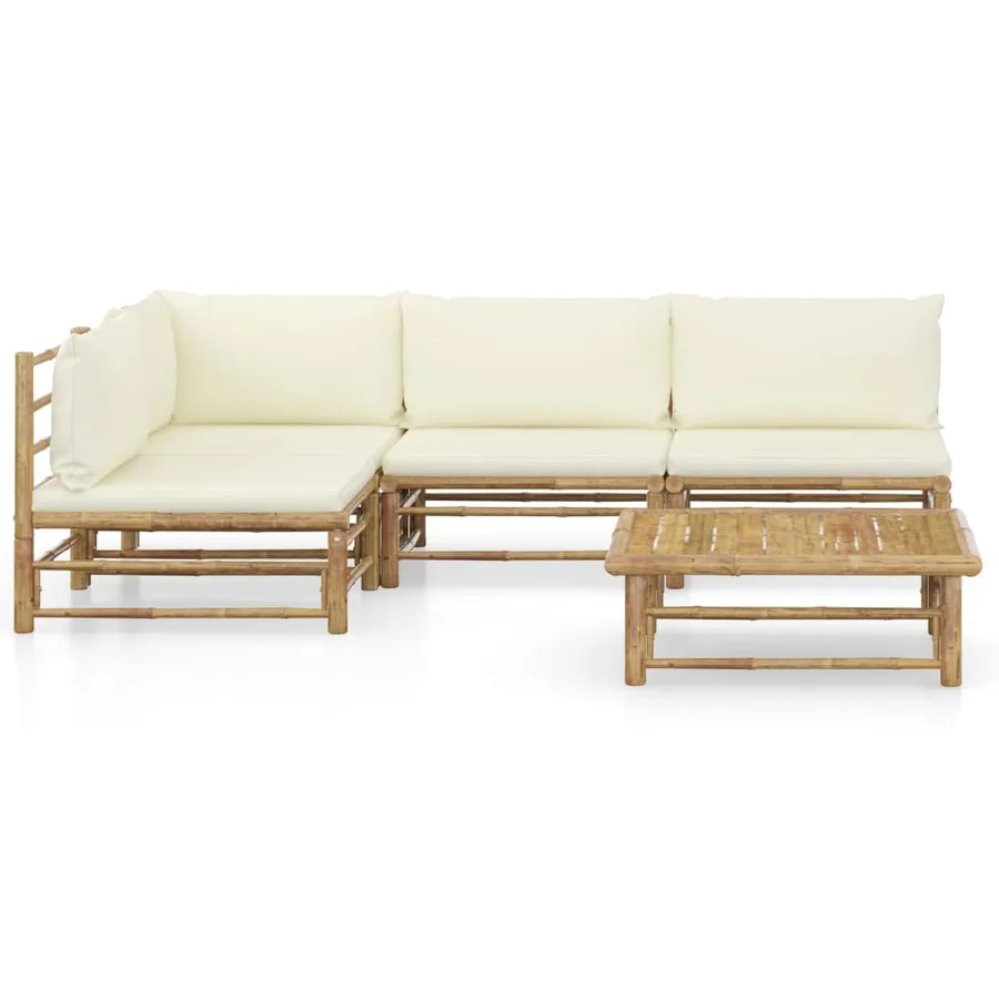 Salon de jardin 5 pcs avec coussins blanc crème bambou - 2