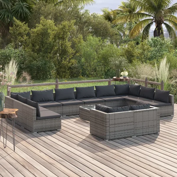 Salon de jardin 13 pcs avec coussins Gris Résine tressée