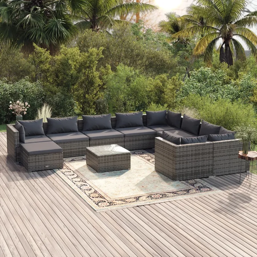 Salon de jardin 11 pcs avec coussins Résine tressée Gris