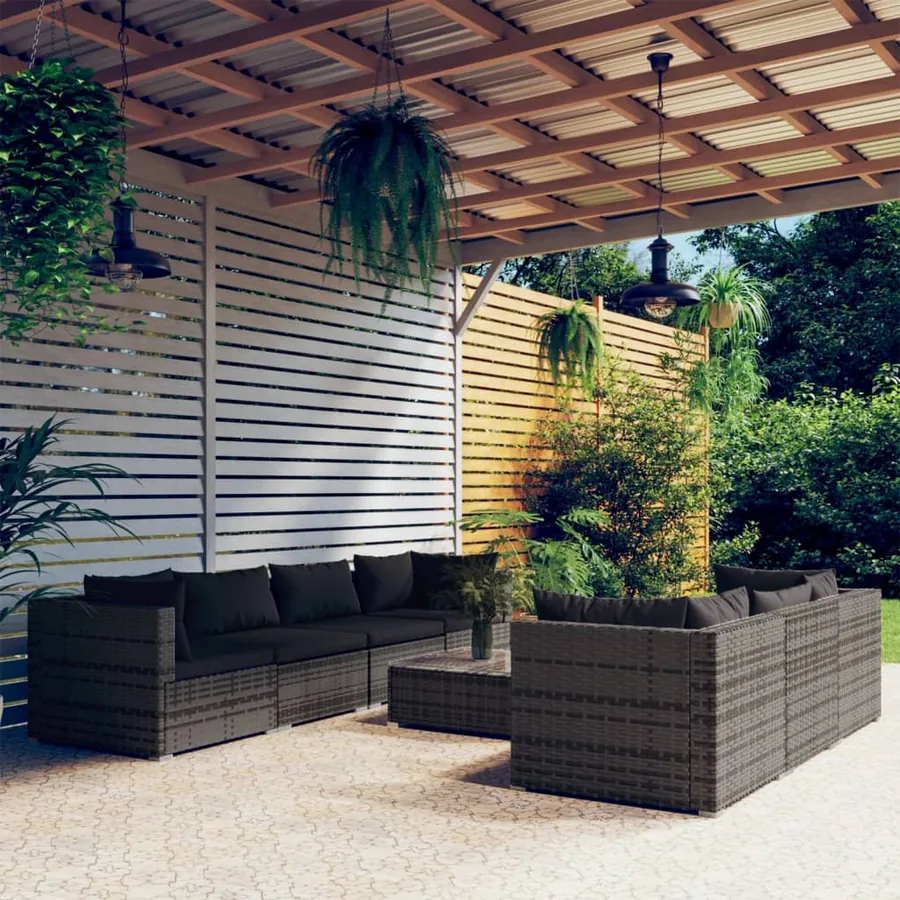 Salon de jardin 8 pcs avec coussins résine tressée gris