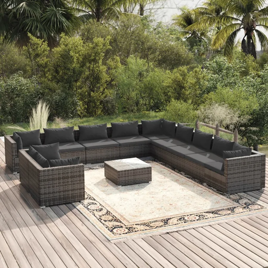 Salon de jardin 12 pcs avec coussins Gris Résine tressée