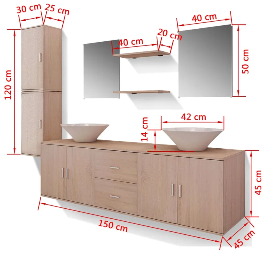 Mobilier de salle de bain avec lavabo 9 pcs Beige - 14