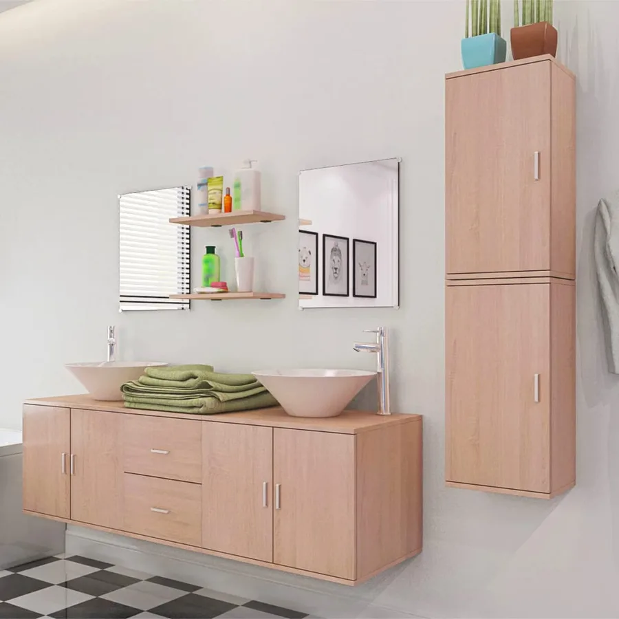 Mobilier de salle de bain avec lavabo 9 pcs Beige - 3