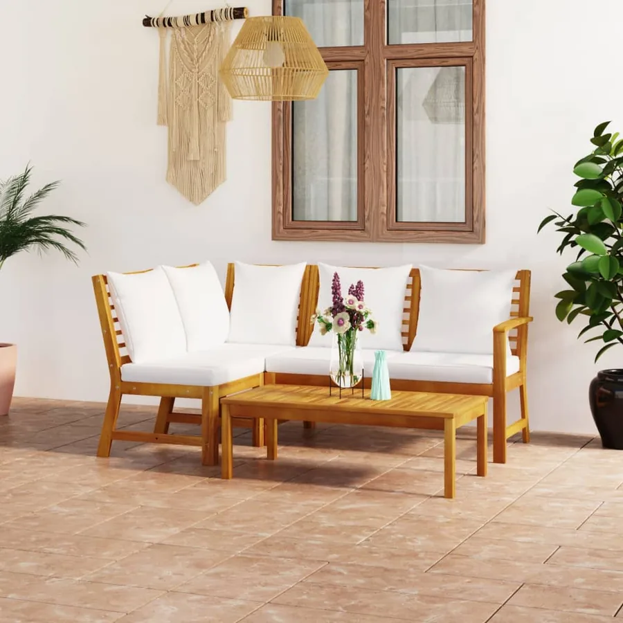 Salon de jardin 4 pcs avec coussin Crème Bois d'acacia solide