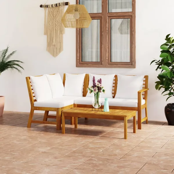 Salon de jardin 4 pcs avec coussin Crème Bois d'acacia solide