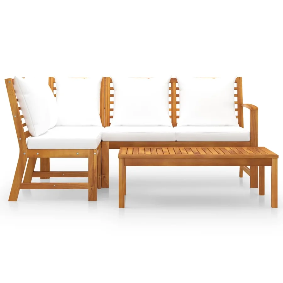 Salon de jardin 4 pcs avec coussin Crème Bois d'acacia solide - 3