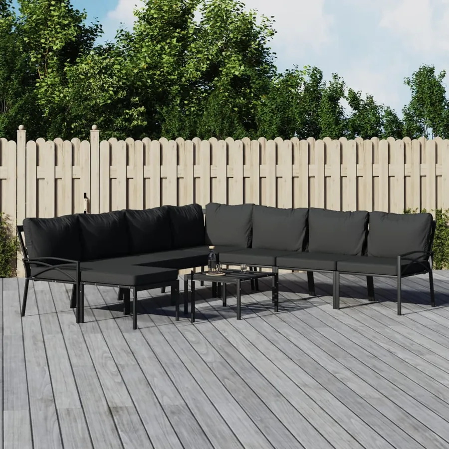 Salon de jardin 9 pcs avec coussins gris acier