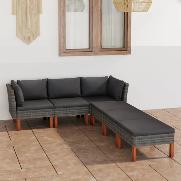 Salon de jardin 6 pcs avec coussins Résine tressée Gris