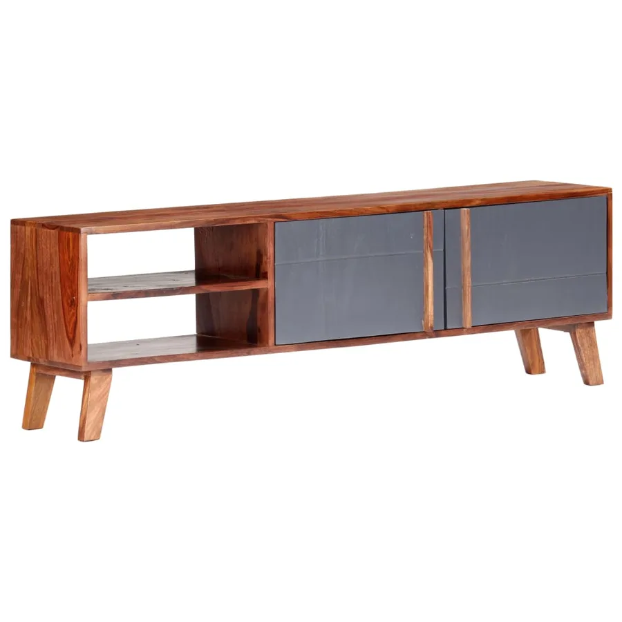 Meuble TV gris 140x30x45 cm bois solide - 10