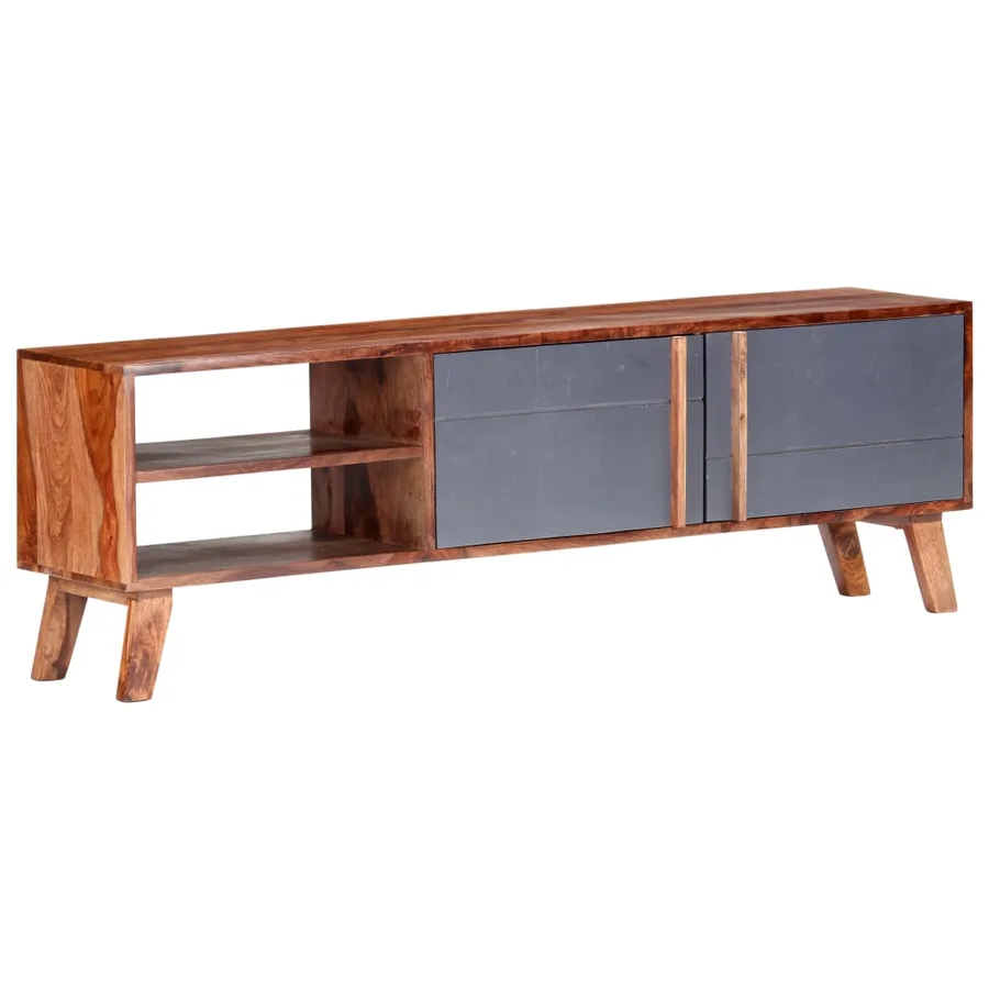 Meuble TV gris 140x30x45 cm bois solide - 11
